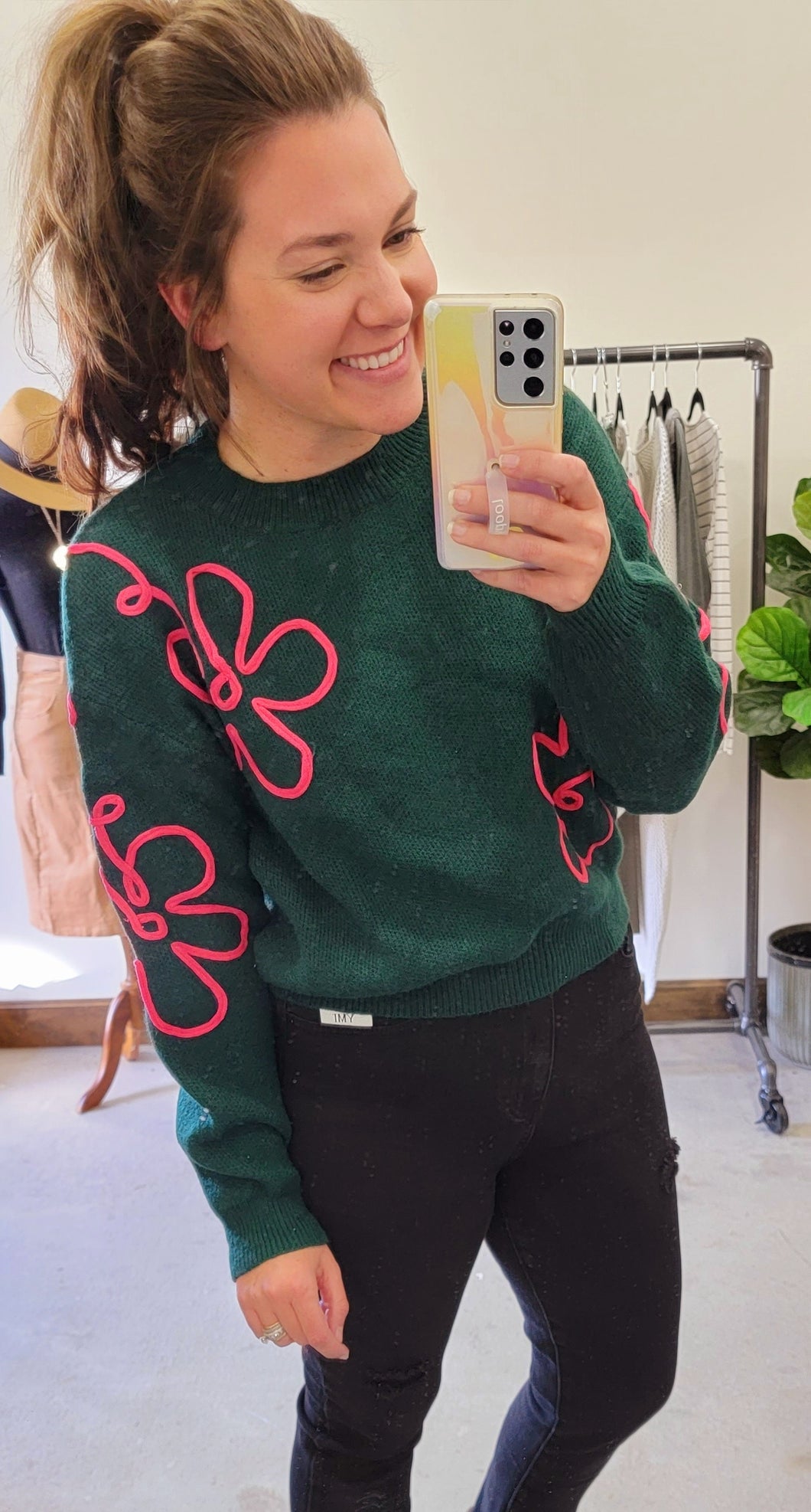Emerald/Pink Embroidered Sweater